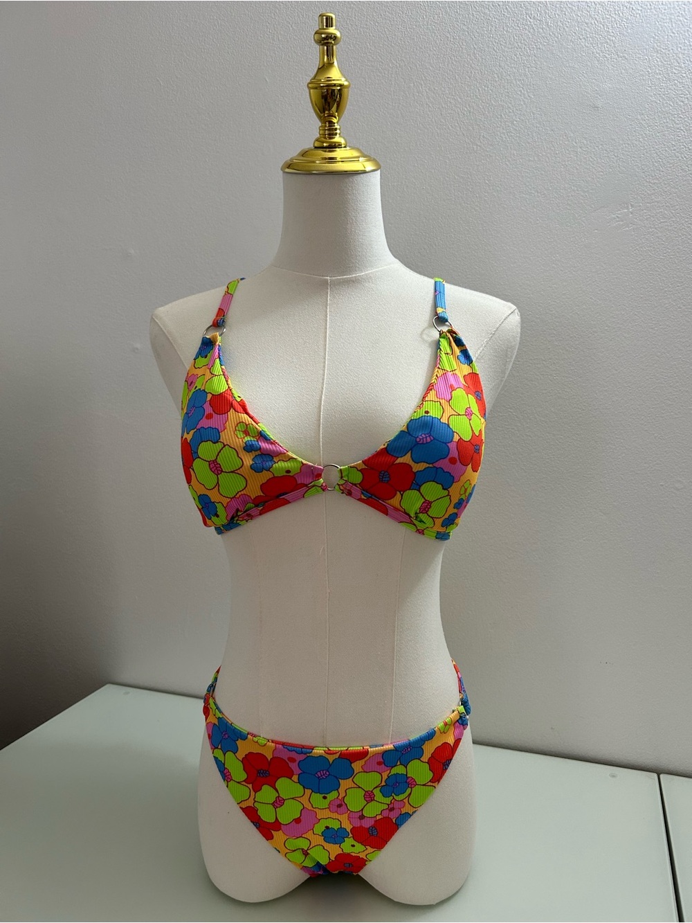 Bright Floral Triangle Bikini Top and Bottom - Neon Multi